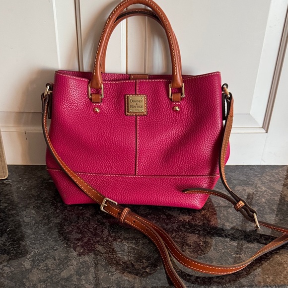 Dooney & Bourke Handbags - Dooney & Bourke Fuchsia Pebbled Leather Satchel with Brown Trim